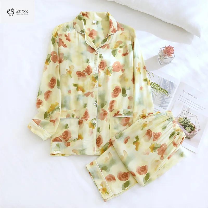 Floral Viscose Long-sleeve Trousers And Cardigan Set