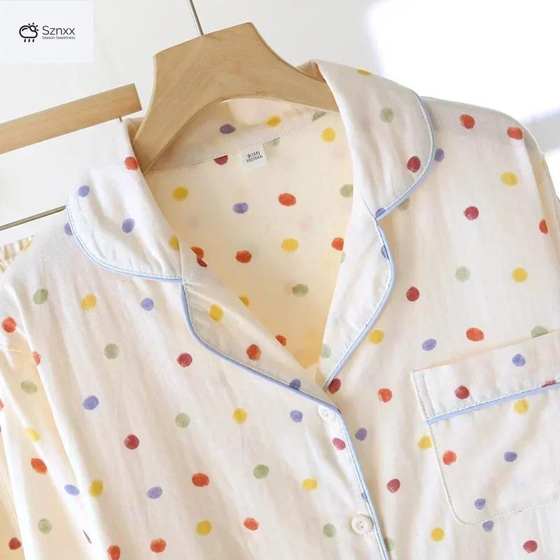 Womens Cotton Polka Dot Long Sleeve Pajama Set