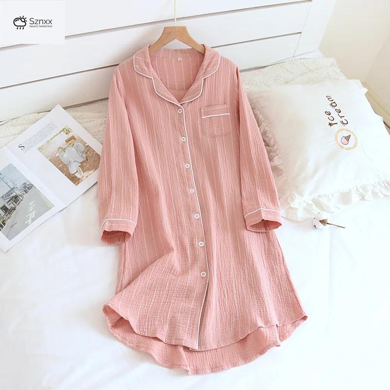 Striped Cotton Knee-length Women’s Long-sleeve Nightgown