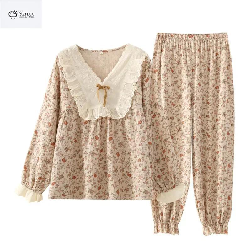 Womens Cotton Crepe Pajama Set With V-neck