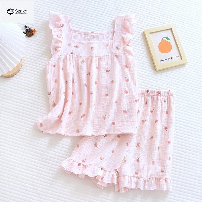 Summer Cotton Flounce Pajama Suspender Set
