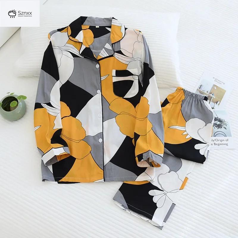 Soft Viscose Long-sleeve Geometric Pajama Set