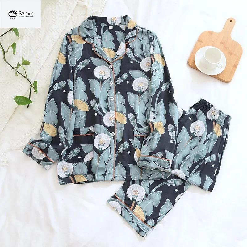 Floral Viscose Long-sleeve Trousers And Cardigan Set