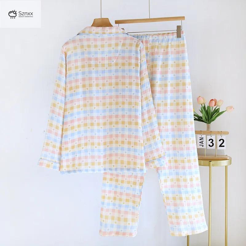 Womens Cotton Crepe Plaid Long Sleeve Pajama Set