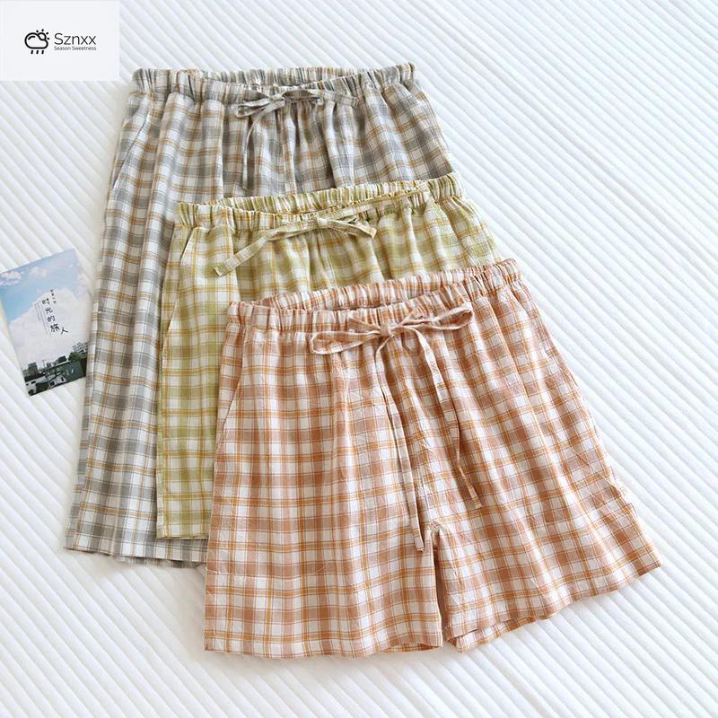 Checkered Cotton Couple Sleep Shorts Loose Fit