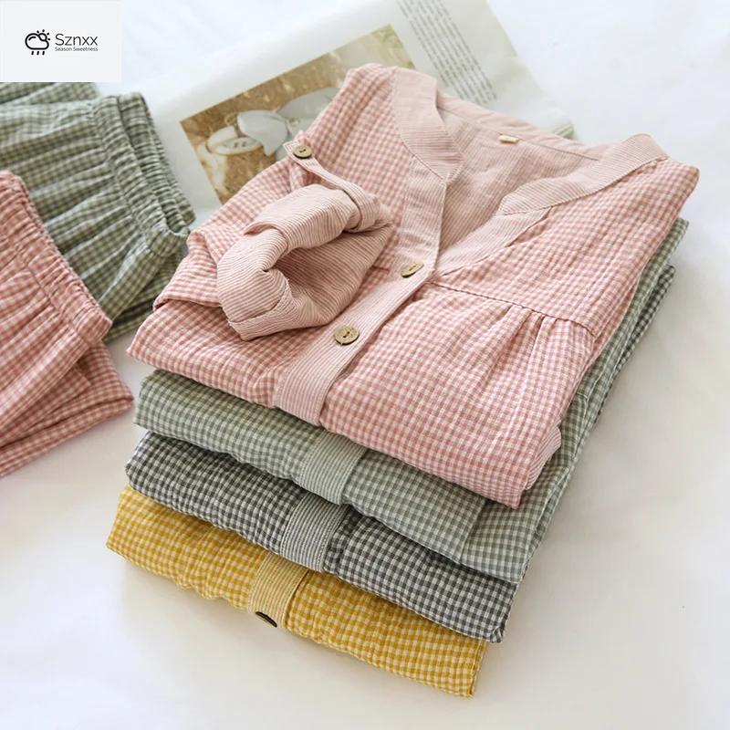 Womens Cotton Plaid Long-sleeve Pajama Set