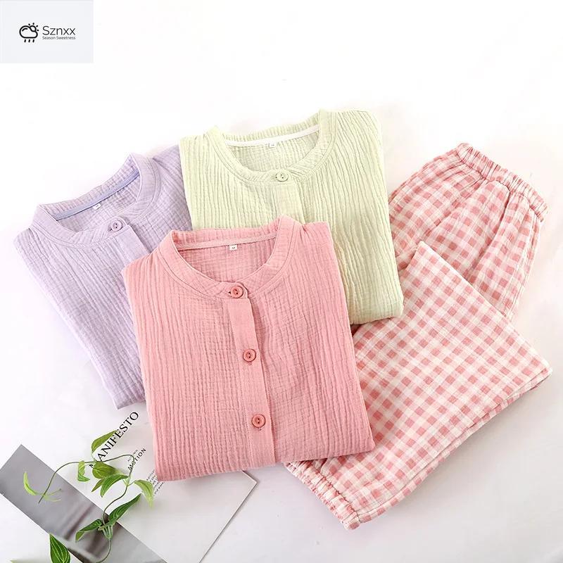 Womens Cotton Crepe Long-sleeve Pajama Two-piece Set