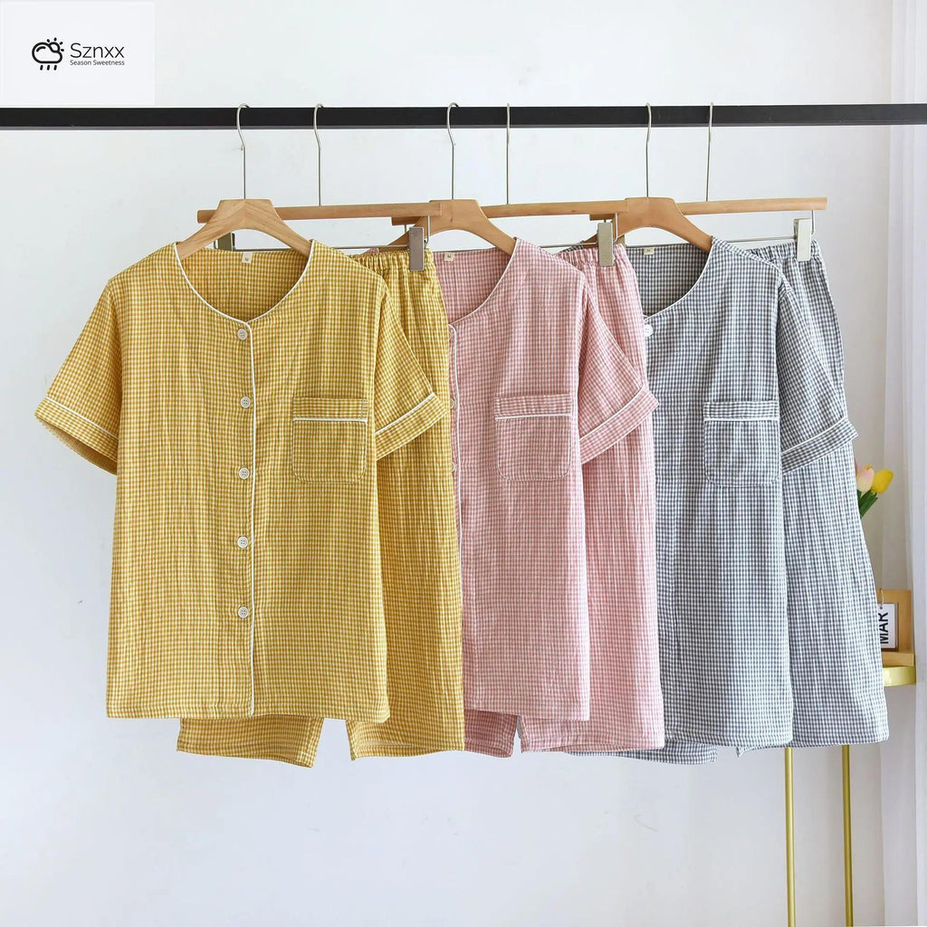 Checkered Cotton Gauze Couple Pajama Set