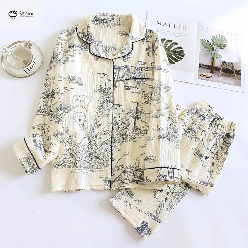 Soft Cotton Crepe Long-sleeve Pajama Lounge Set