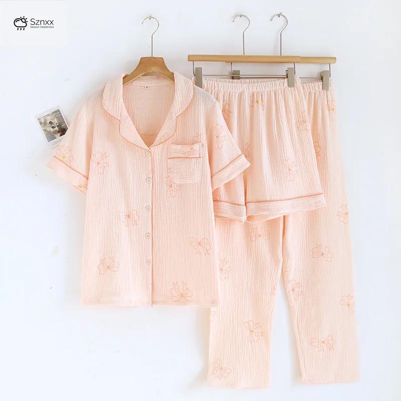 Womens Cotton Crepe Three-piece Loungewear Set