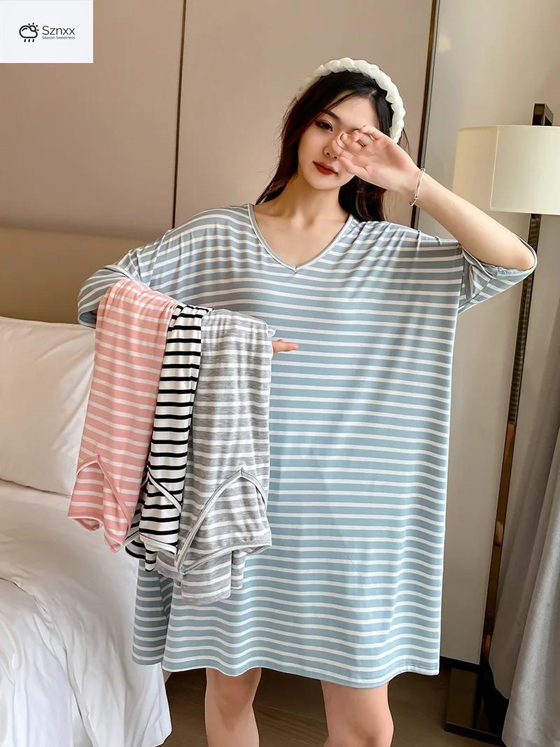 Striped Modal Short-sleeve Nightgown With Skirt Hem