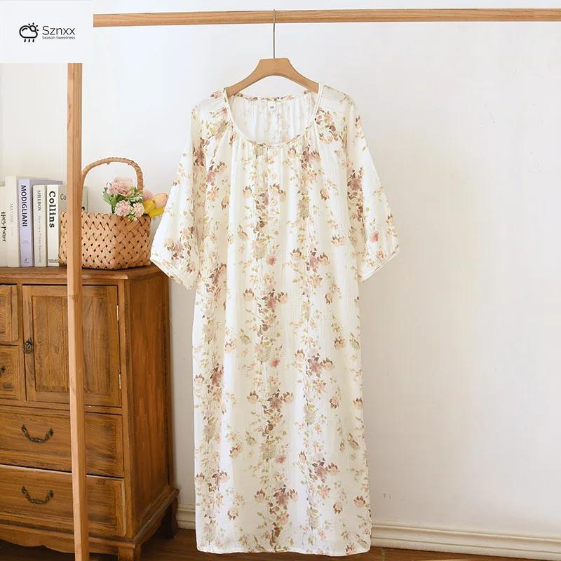Womens Breathable Cotton Crepe Mid-sleeve Sleep Dress