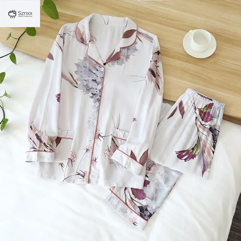 Floral Viscose Long-sleeve Trousers And Cardigan Set