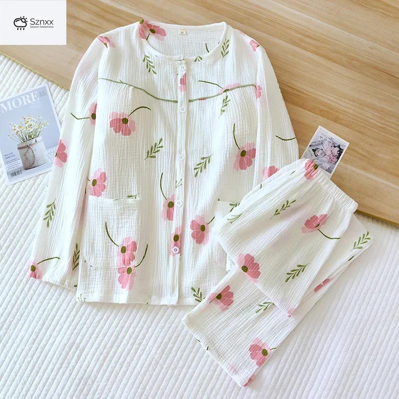 Floral Crepe Cotton Long-sleeve Pajama Set With Chest Pad