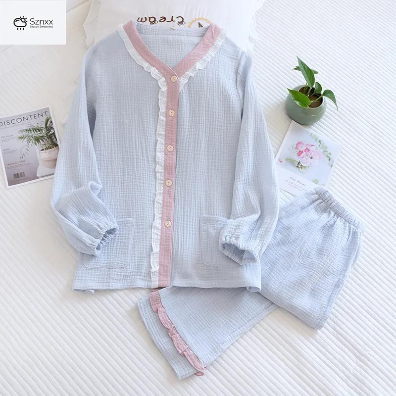 Womens V-neck Cotton Crepe Pajama Lounge Set