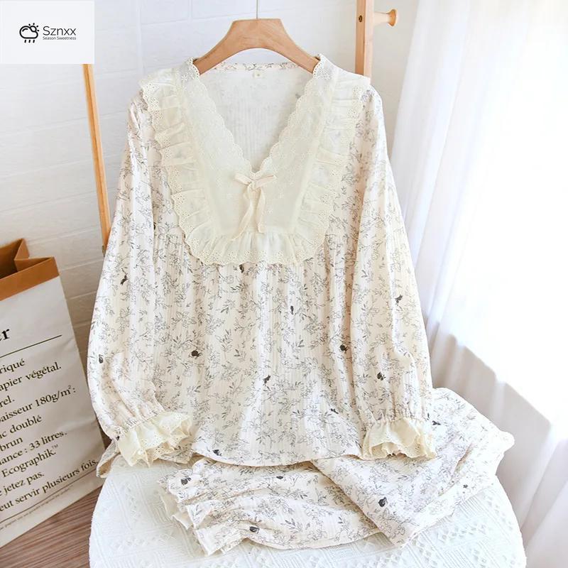 Womens Cotton Crepe Pajama Set With V-neck