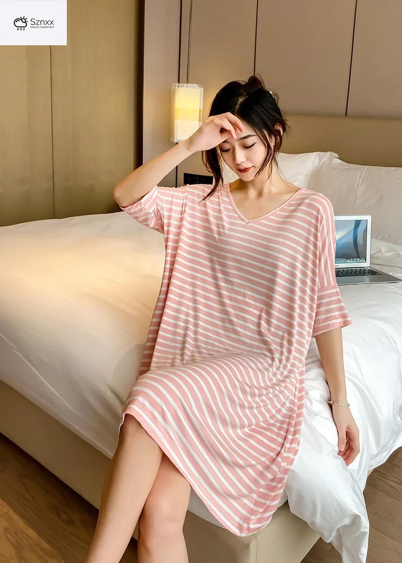 Striped Modal Short-sleeve Nightgown With Skirt Hem