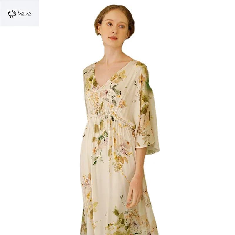 Elegant Viscose Rose Print Satin Nightdress Gown