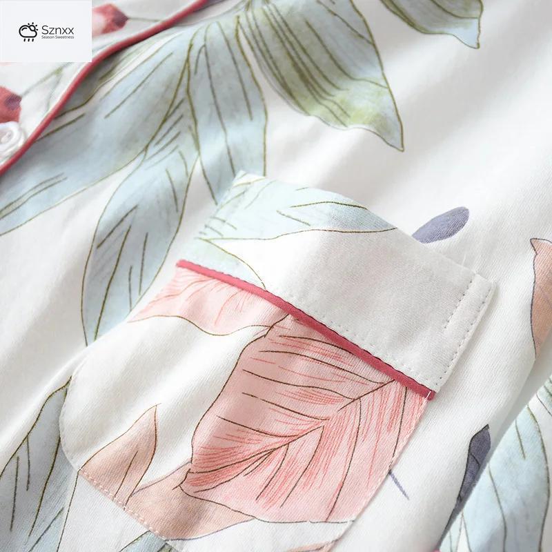 Floral Cotton Lapel Pajama Set For Women