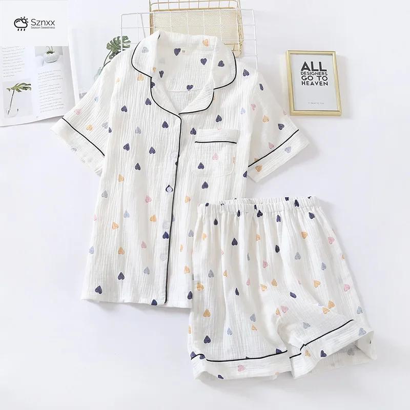 Womens Heart Gauze Short Sleeve Pajama Set