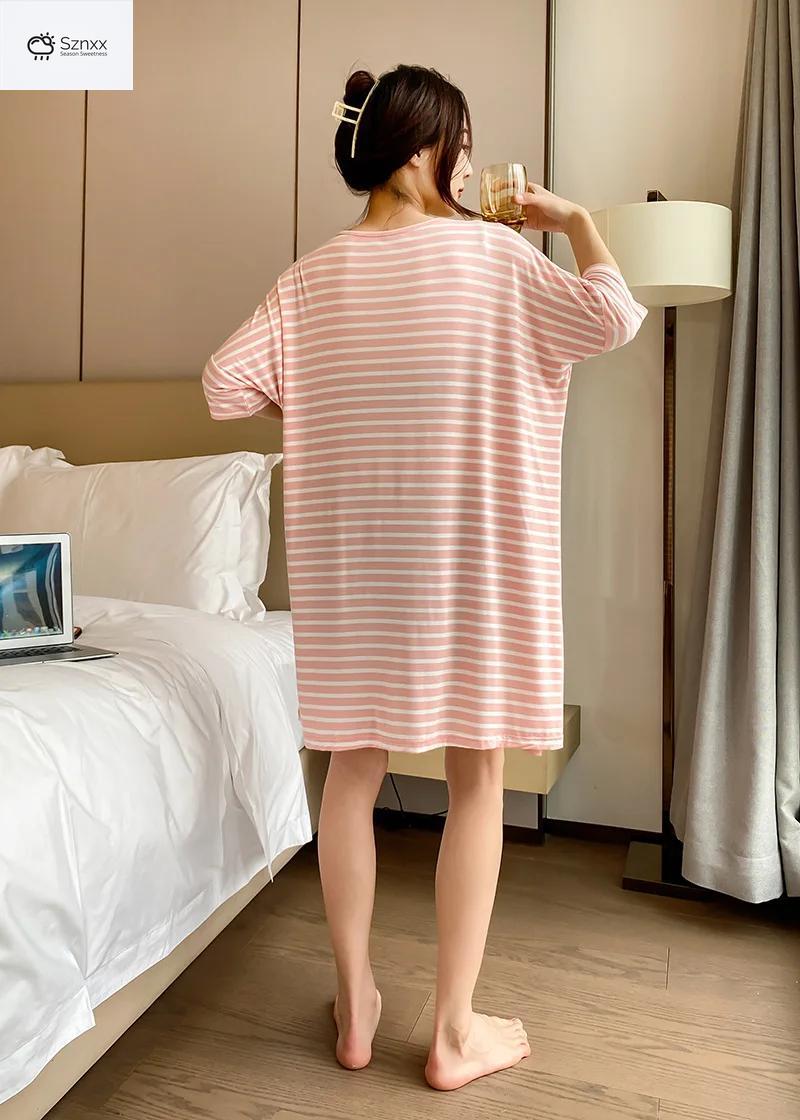 Striped Modal Short-sleeve Nightgown With Skirt Hem