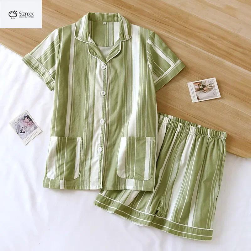Womens Cotton Gauze Cat Print Summer Pajama Set
