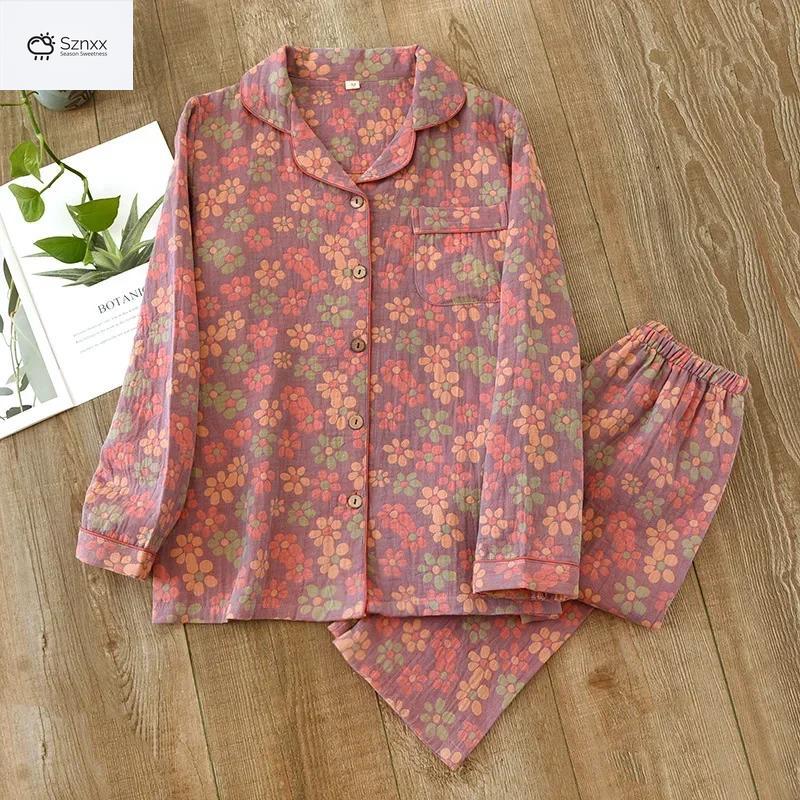 Floral Crepe Cotton Long-sleeve Pajama Lounge Set