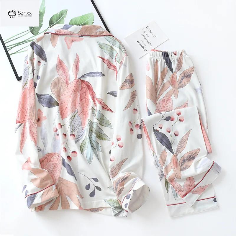 Floral Cotton Lapel Pajama Set For Women