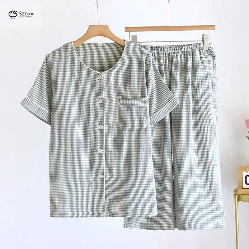 Checkered Cotton Gauze Couple Pajama Set