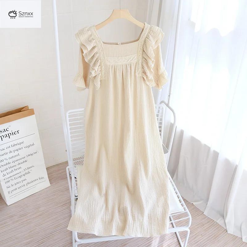 Palace-style Cotton Crepe Lotus Sleeve Nightdress