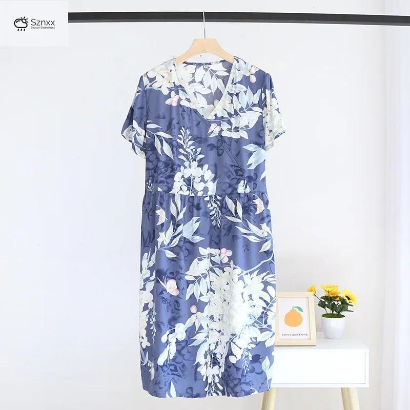 Floral Viscose Short Sleeve V-neck Nightdress For Women