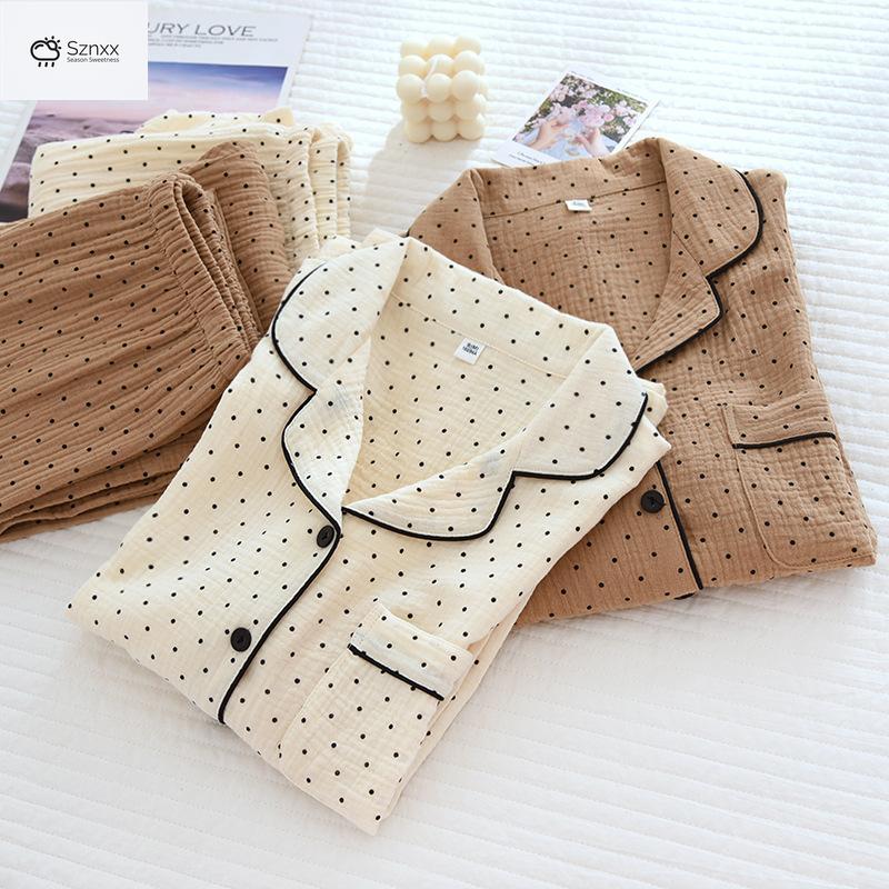 Polka Dot Cotton Crepe Pajama Set Long-sleeve