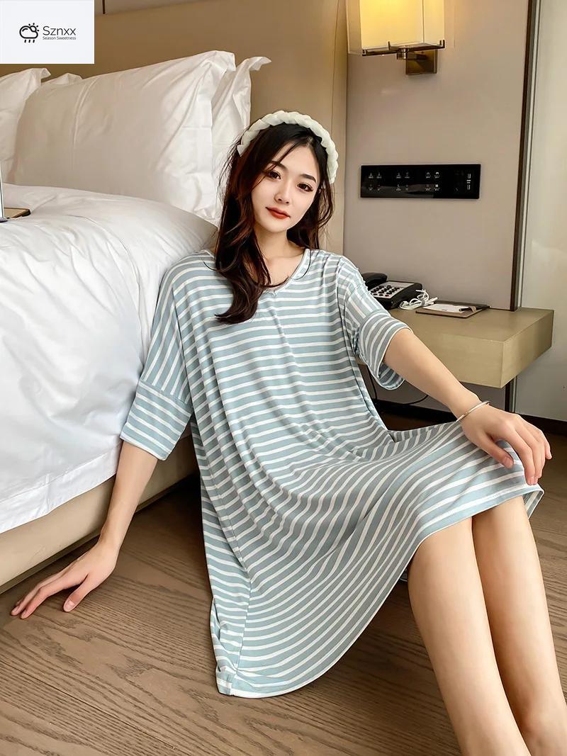Striped Modal Short-sleeve Nightgown With Skirt Hem