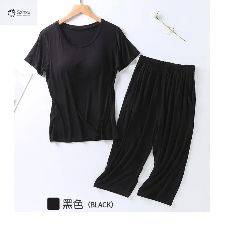Soft Modal Pajama Set With Chest Pad Cropped Trousers