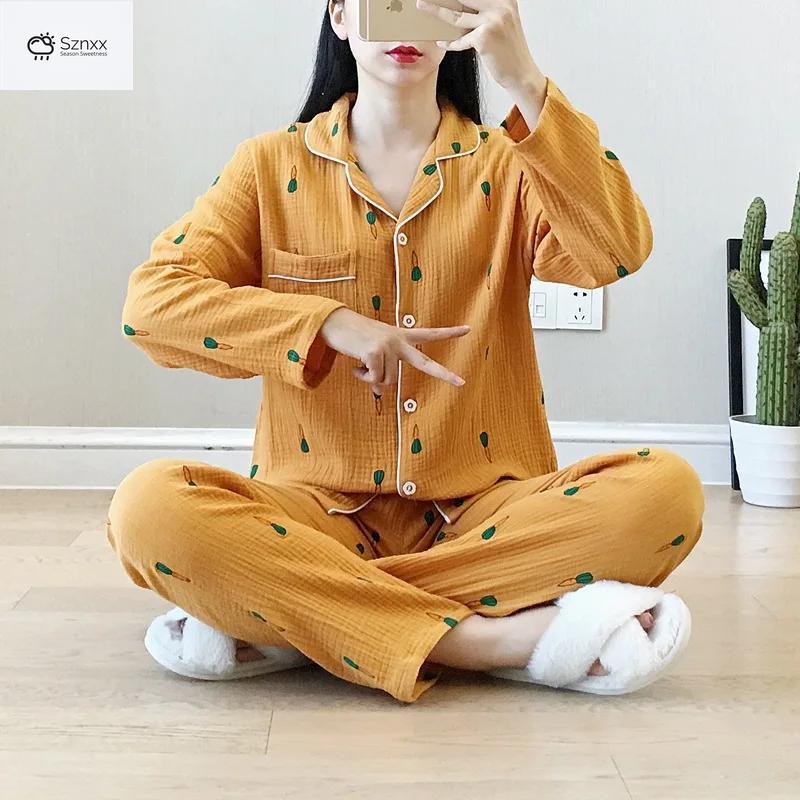 Womens Cotton Crepe Long-sleeve Pajama Lounge Set