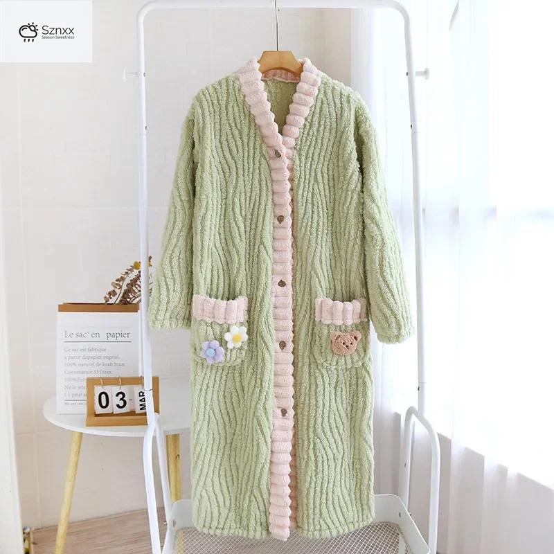 Cozy Flannel Plush Long Sleep Dress Knee-length