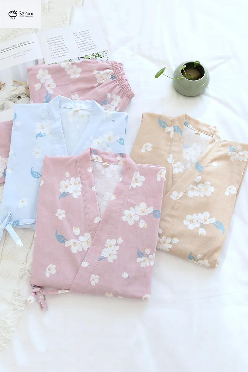 Womens Cherry Blossom Cotton Kimono Pajama Set