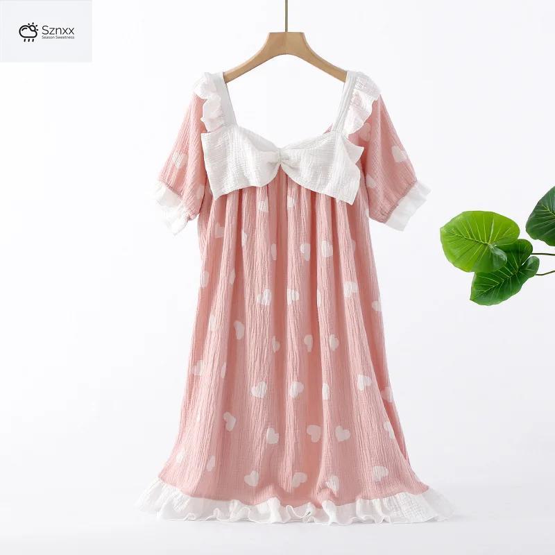 Cotton Crepe Bow Love Summer Nightdress
