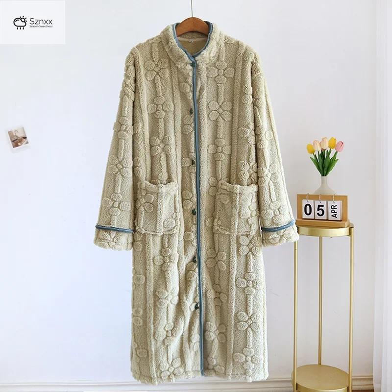 Cozy Flannel Stand-collar Buttoned Women’s Nightgown