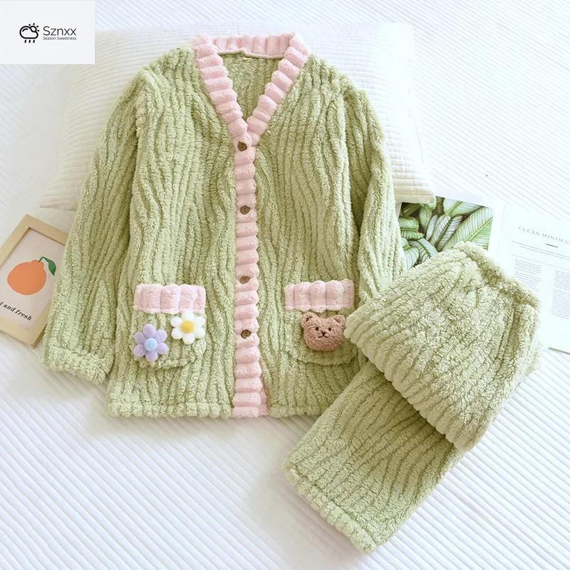 Womens Velvet Plush Flannel Warm Pajama Set