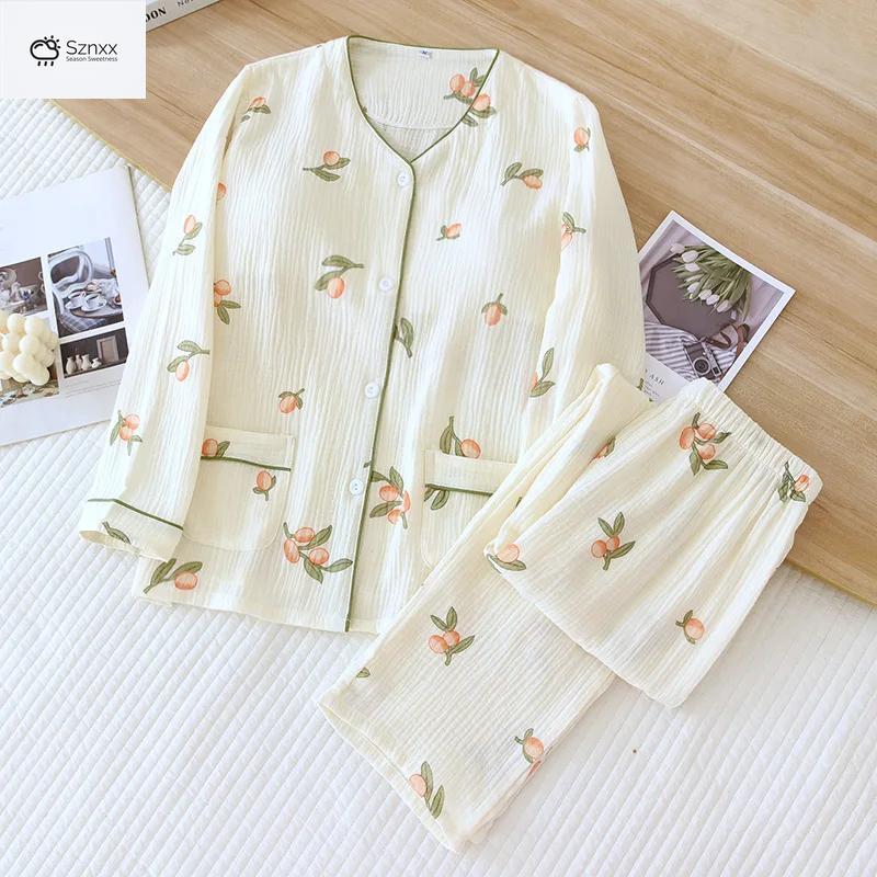 Floral Crepe Cotton Long-sleeve Pajama Set With Chest Pad