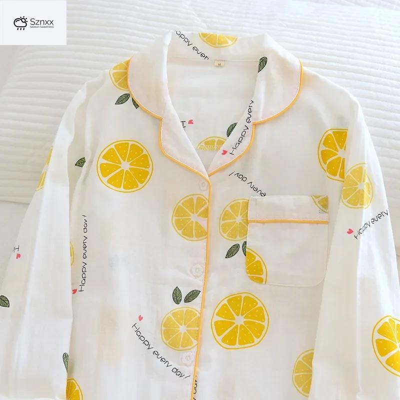 Womens Cotton Gauze Lapel Pajama Set