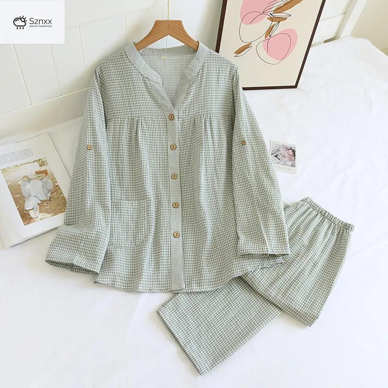 Womens Cotton Plaid Long-sleeve Pajama Set