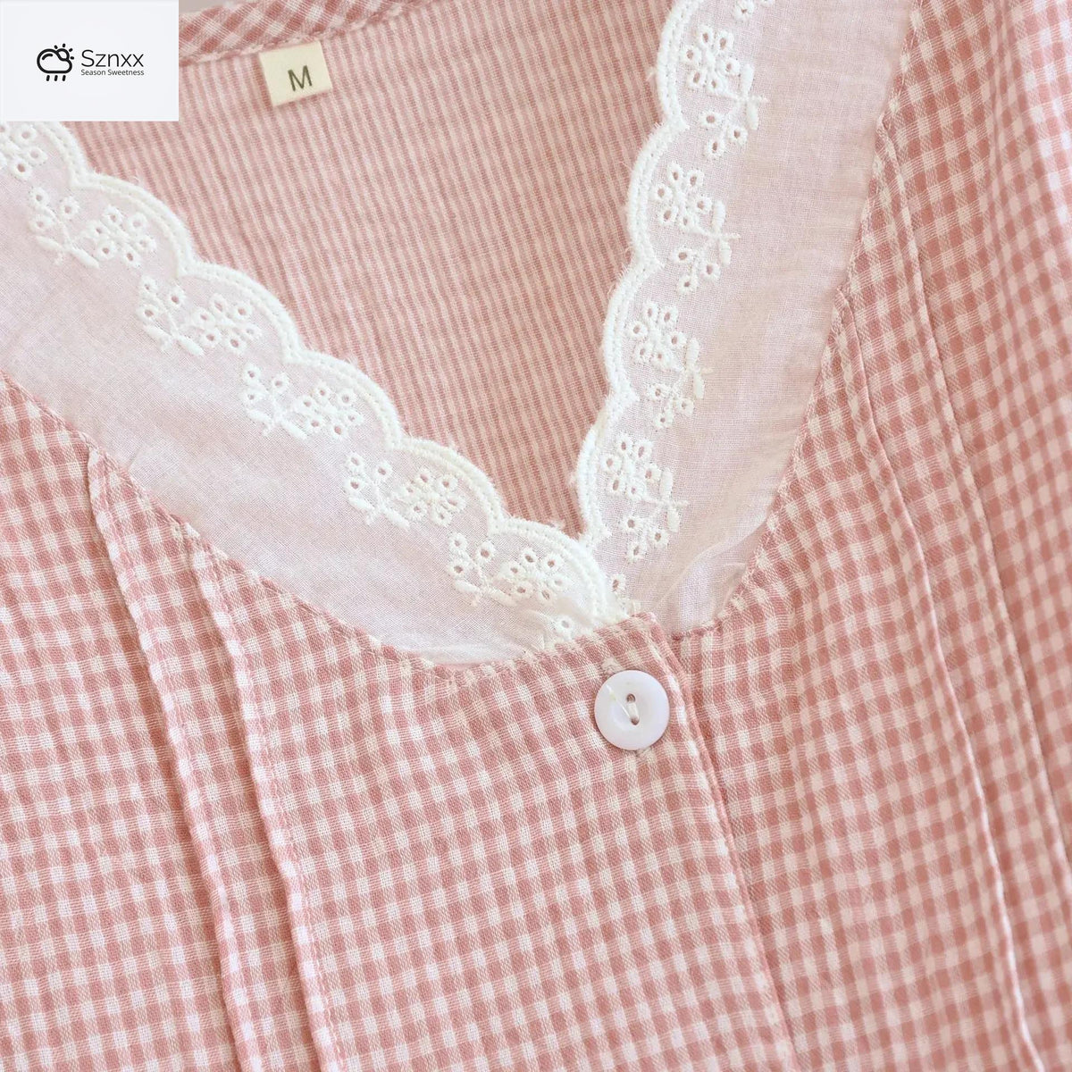 Womens Cotton Grid Pajama Set With Edge Collar