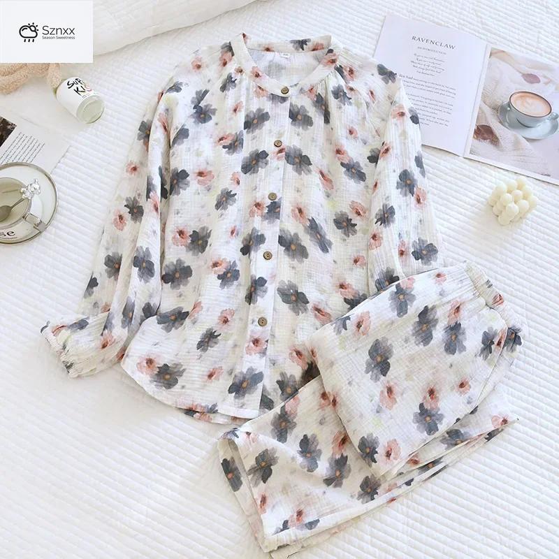 Crepe Cotton Stand-up Collar Long Pajama Set