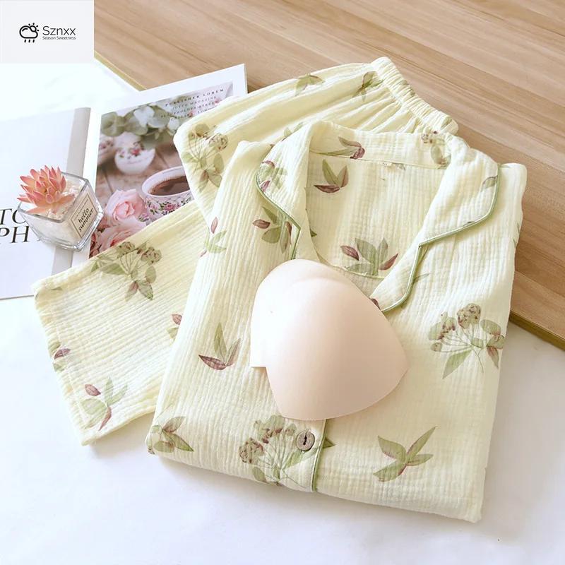 Soft Cotton Crepe Pajama Set With Chest Pads