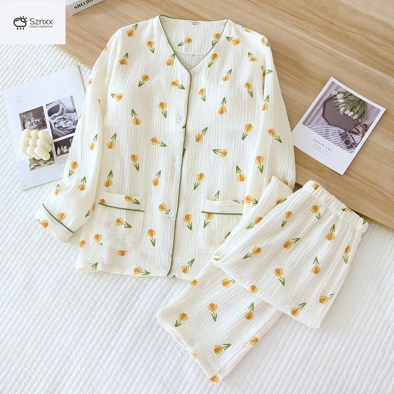 Floral Crepe Cotton Long-sleeve Pajama Set With Chest Pad