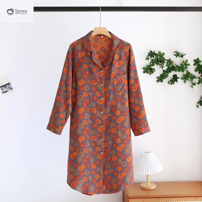Womens Floral Cotton Long-sleeve Retro Nightdress