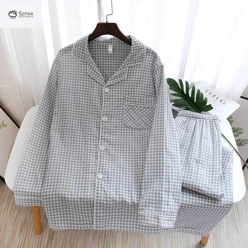 Soft Cotton Gauze Plaid Couple Pajama Set