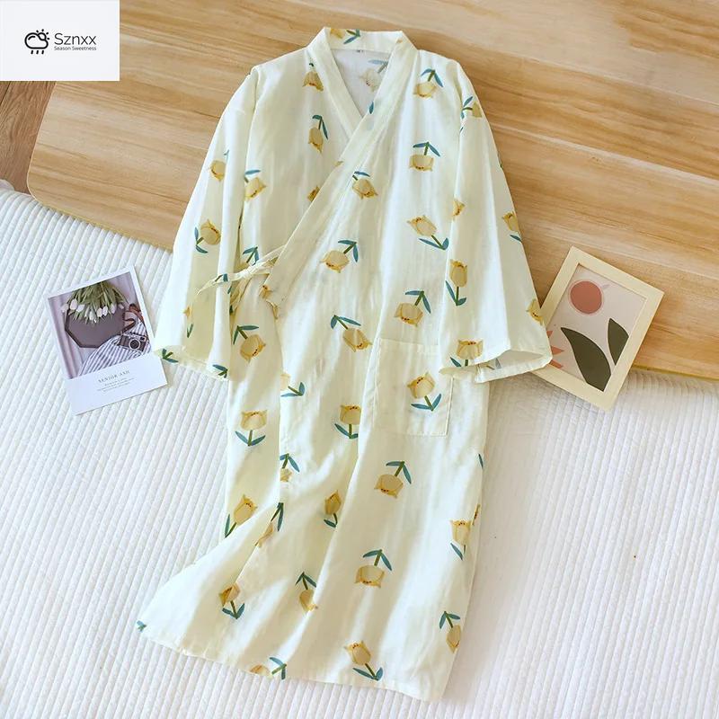Floral Cotton Gauze Kimono Robe Mid-length Loungewear